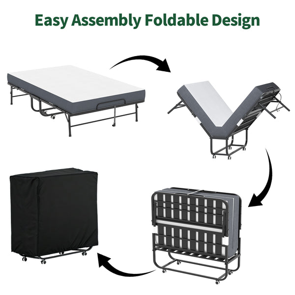 Twin Wide Folding Bed For Tall People, Extra Long & Wide Rollaway With Memory Foam, Heavy-Duty Capacity Guest, Spacious Portable Cot - Black