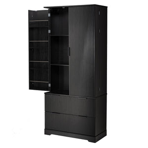 Fluted Kitchen Pantry Cabinet With 2 Large Drawers & 8 Door Spice Rack