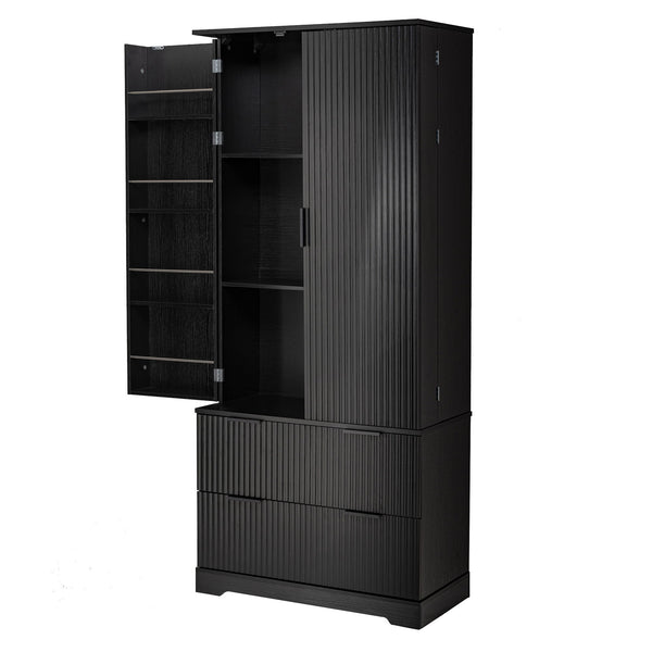 Fluted Kitchen Pantry Cabinet With 2 Large Drawers & 8 Door Spice Rack