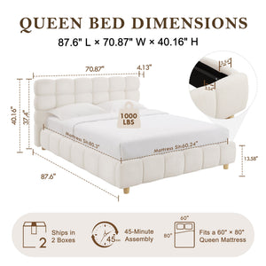 Pula - Queen Platform Bed With Upholstered Headboard, Slat Support, No Box Spring Needed - Ivory