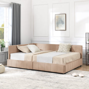Mid-Century Storage Upholstered Tufted Bed Frame With Backrest And Armrests