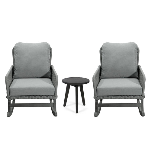 Modern 3 Piece Outdoor Seating Set With Cushioned Rattan Rocking Chairs And Wooden Accent Table