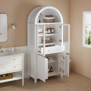Fluted Tall Arched Pantry Cabinet With Adjustable Shelves, Glass Door & Hidden Drawer For Kitchen