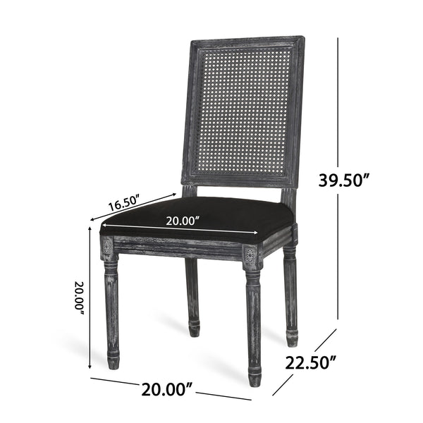French Country Dining Chair With Rectangular Cane Backrest And Smooth Upholstered Seating