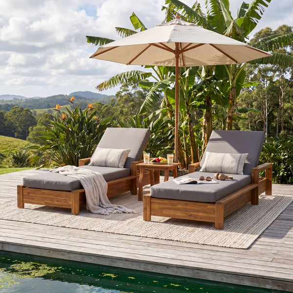 Chaise Lounge With Armrests, 2 Fold Cushion Set, 3 Position Adjustable Backrest, For Patio Pool - Dark Gray / Teak