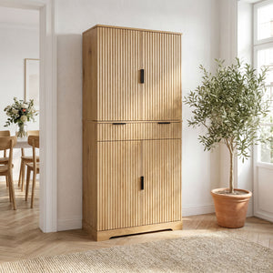 Fluted Kitchen Pantry Cabinet With 3 Keyboard Drawers & 6 Door Shelves Adjustable