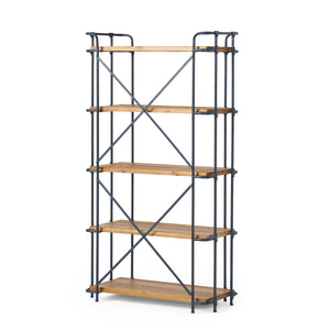 Yorktown - Industrial 5 Shelf Bookcase With Metal Pipework And Solid Fir - Natural