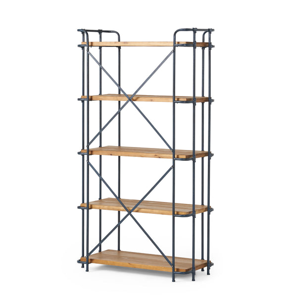 Yorktown - Industrial 5 Shelf Bookcase With Metal Pipework And Solid Fir - Natural