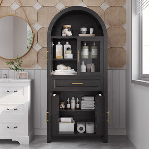 Arched Kitchen Pantry Cabinet With Adjustable Shelves And Barn Door Design