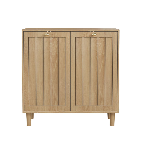 Sloping Laundry Basket With Removable Inner Bin, Concealed Storage Cabinet For Bathroom - Oak