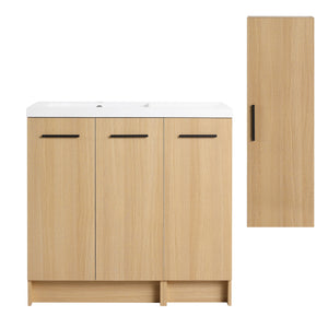 Freestanding Bathroom Vanity Set With Tall Linen Cabinet, 3 Door Storage Cabinet, Single Sink