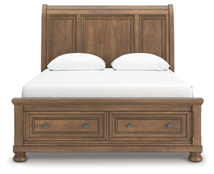 Feddinger - 3 Pc. - Queen Sleigh Storage Bed, Dresser And Mirror - Medium Brown