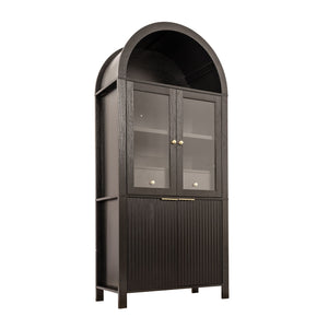 Fluted Tall Arched Pantry Cabinet With Adjustable Shelves, Glass Door & Hidden Drawer For Kitchen