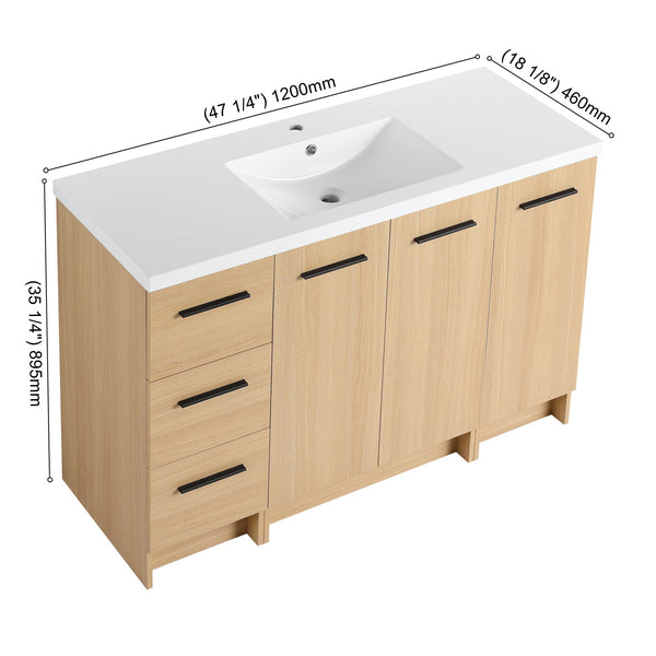 Freestanding Bathroom Vanity Set With Tall Side Cabinet, 3 Drawers And 3 Door Cabinet, Integrated Sink, Large Storage - Glossy White / Light Oak