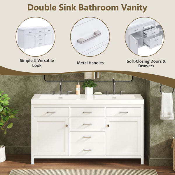 Double Sink Bathroom Vanity With Top, Soft Closing Doors & Drawers, Tip Out Drawer, 2 Cabinet Doors, Adjustable Shelf - White