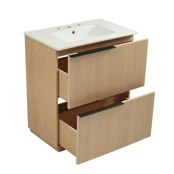 Fluted Bathroom Vanity With Ceramic Sink, Soft Close Slides