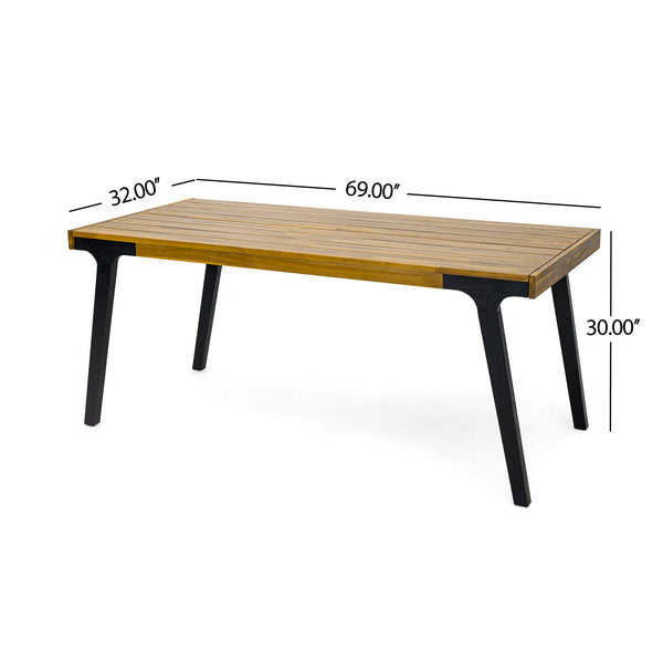 Acacia Wood Patio Dining Table, 69"L Rectangle Outdoor Table - Teak / Black
