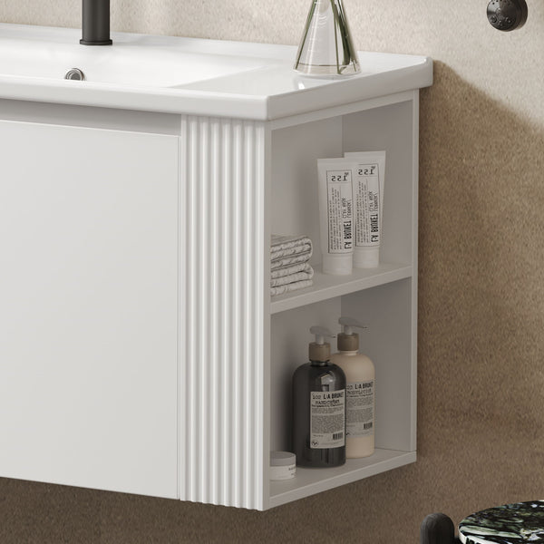 Wall Mounted Bathroom Vanity With Sink, 2 Open Shelves - White