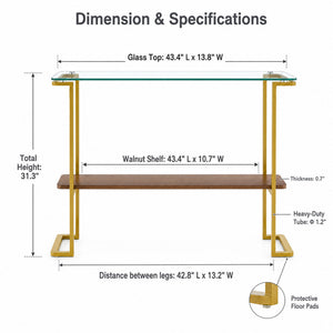 Console Table With Shelf, 2 Tier Living Room - Gold / Walnut