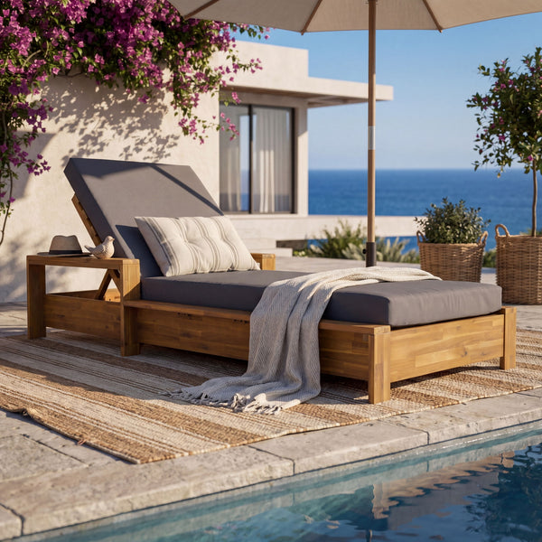 Chaise Lounge With Armrests, 2 Fold Cushion Set, 3 Position Adjustable Backrest, For Patio Pool - Dark Gray / Teak