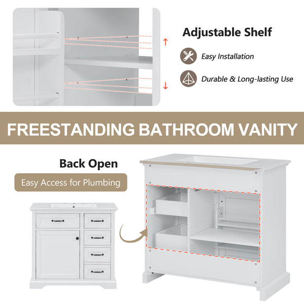 36" Bathroom Vanity With Sink, 2 Tip-Out Drawers, Soft Close Hinges