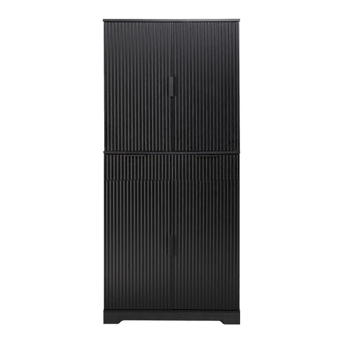 Fluted Kitchen Pantry Cabinet With 3 Keyboard Drawers & 6 Adjustable Door Shelves