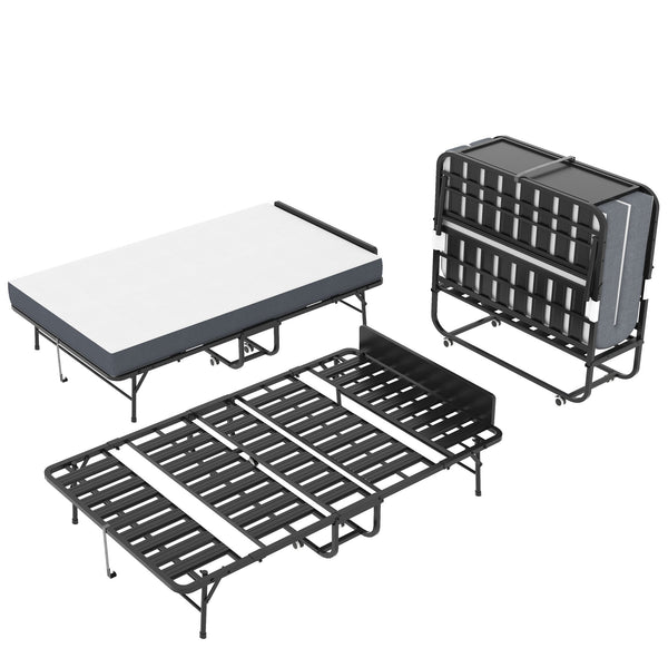 Twin Extra Long Folding Bed With Adjustable Headboard, Cot With Memory Foam Mattress - Black