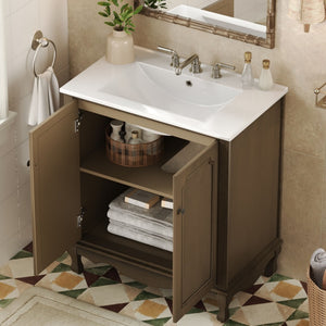 Vintage Bathroom Vanity With Ceramic Sink, Adjustable Shelves