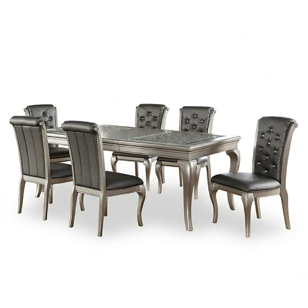 Rectangle Dining Table With Glass Top And 6 Tufted Back Chairs - Gray / Silver