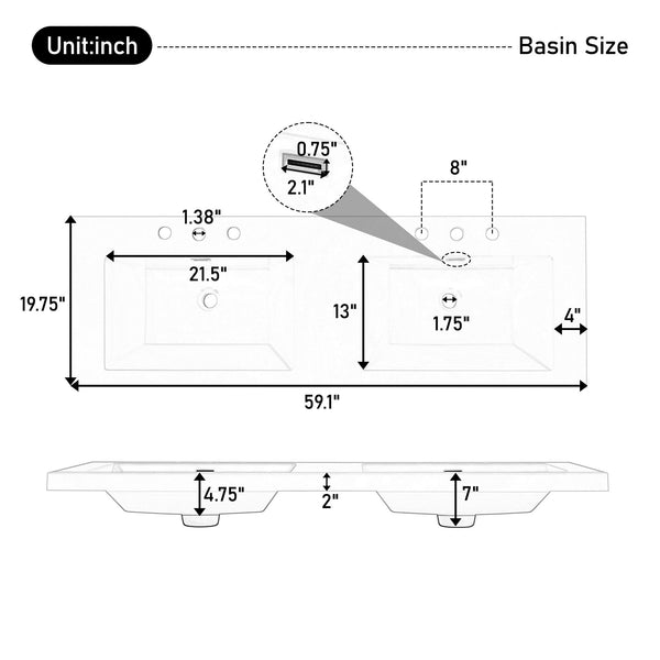59.1" Minimalist Double Sink Bathroom Vanity With Top, Soft Close Doors & Drawers - White