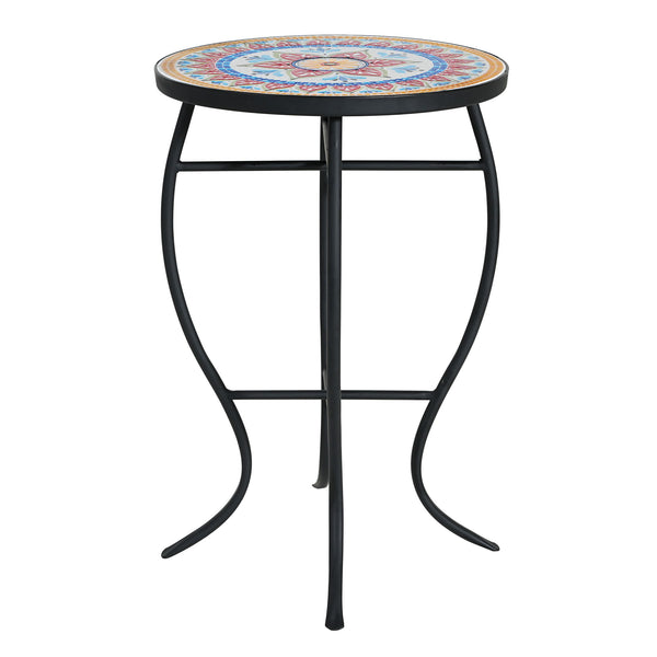 Outdoor Round Side Table With Mosaic Style Top And Curved Iron Legs