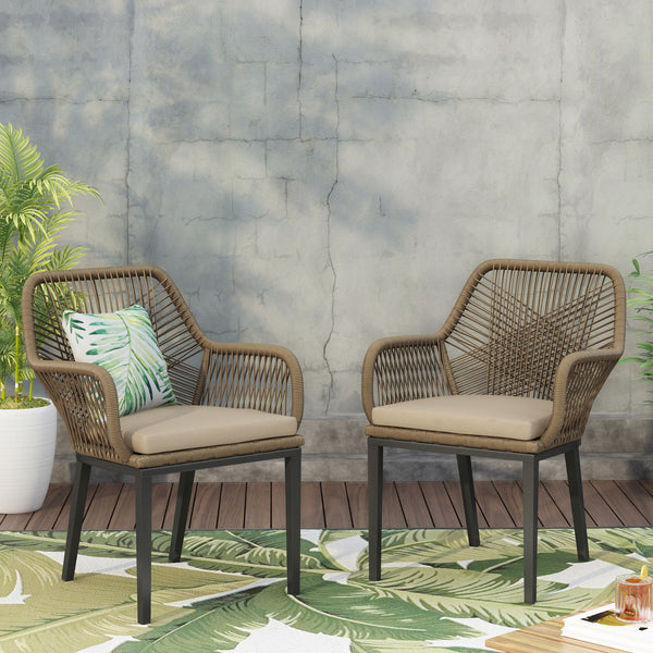 Modern Wicker Dining Club Chair With Water Resistant Cushions - Brown / Beige