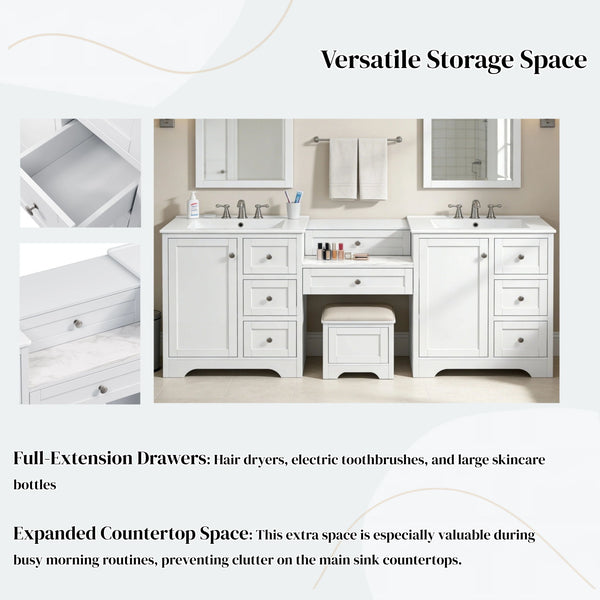 Double Sink Bathroom Vanity With Countertop, 2 Ceramic Sinks, 6 Drawers, Soft Close Design