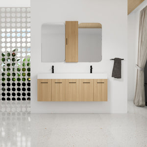 Floating Double Sink Bathroom Vanity Set With Tall Linen Cabinet, Extra Large Storage, Integrated Sink, Soft Close Doors - Glossy White / Light Oak