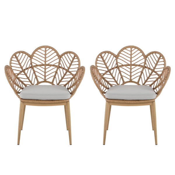 Kirk - Outdoor Wicker Peacock Shape Papasan Style Chair, Teak Finished Leg (Set of 2) - Beige / Light Brown / Light Teak