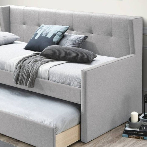 Daybed With Slat Trundle, Button Tufted - Light Gray