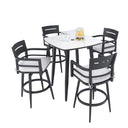 Modern Outdoor Patio Bar Set, Rounded Square Table & Bar Chairs, Non Rust Frame, Tapered Legs, Sunbrella Cushion