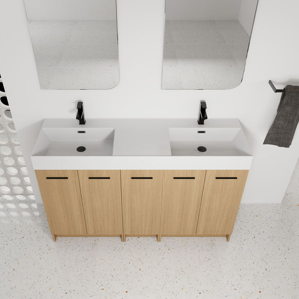 Double Sink Bathroom Vanity With Extra Large Storage, Integrated Sink, Freestanding Cabinet, Soft Close Doors - Glossy White / Light Oak