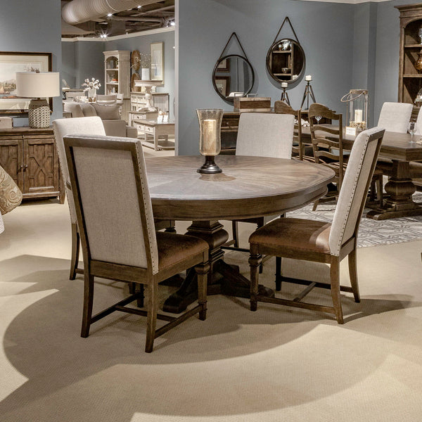 Paradise Valley - 5 Piece Pedestal Table Set (Upholstered Side Chairs) - Saddle Brown