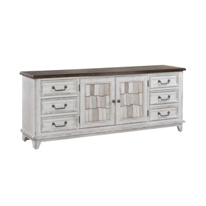 River Place - 75" Entertainment Console - Riverstone White & Tobacco