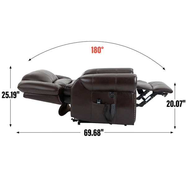 Power Lift Recliner Chair Heat Massage Dual Motor Infinite Position With USB Ports - Antique Brown