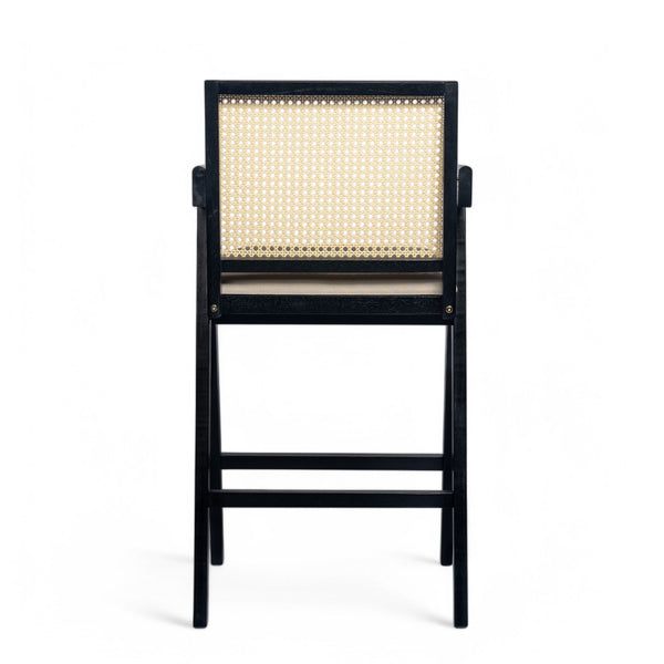 Woven Cane Plastic Backrest Bar Stool Foam Padded Fabric Seat & Durable Rubberwood Frame - Cream Gray
