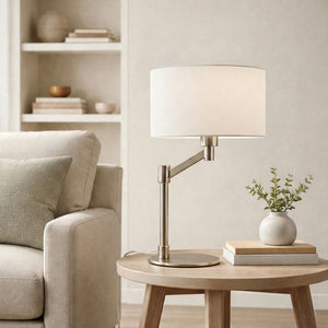 Horizon - Table Lamp With On / Off Switch Curved Base Linen Shade - Brushed Nickel / Silver / White