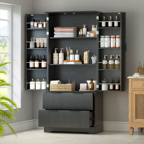 Fluted Kitchen Pantry Cabinet With 2 Large Drawers & 8 Door Spice Rack Freestanding Storage Organizer - Black