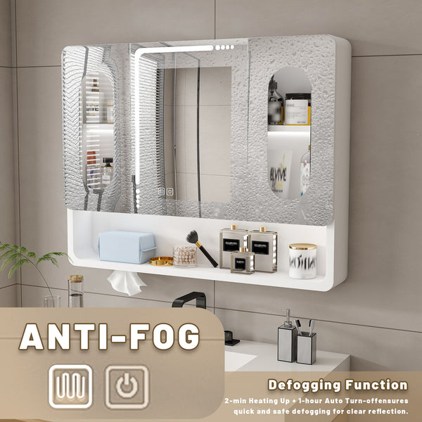 Wall Mounted Bathroom Mirror Cabinet With LED Lights, Anti Fog & Explosion Proof, Touch Control Medicine Cabinet, 3 Color Lighting - White