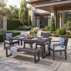 Outdoor 6 Seater Dining Set With Bench - Dark Gray / Light Gray