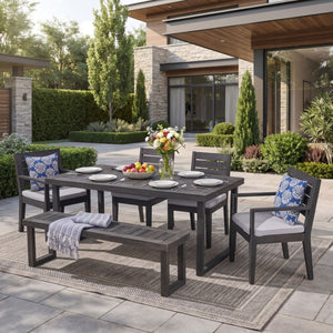 Outdoor 6 Seater Dining Set With Bench - Dark Gray / Light Gray