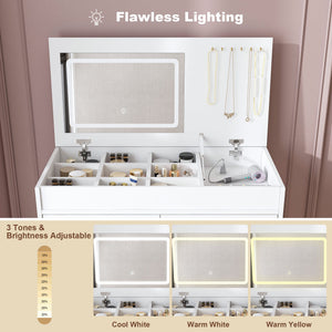 Flip Top Vanity Desk With LED Mirror & Outlet Makeup Table With 2 Drawers, Open Storage, And Jewelry Hooks - White