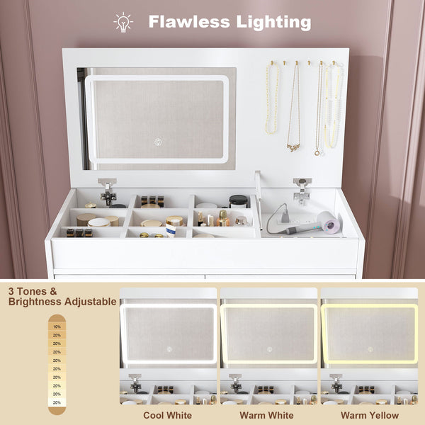 Flip Top Vanity Desk With LED Mirror & Outlet Makeup Table With 2 Drawers, Open Storage, And Jewelry Hooks - White