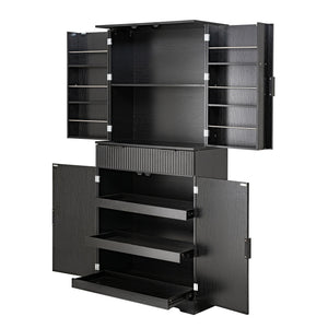 Fluted Kitchen Pantry Cabinet With 3 Keyboard Drawers & 6 Adjustable Door Shelves